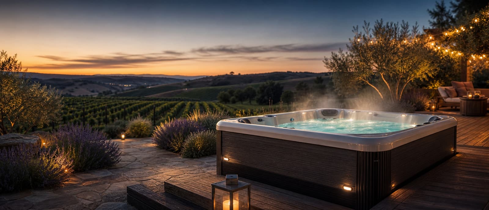 A luxury hot tub glowing at dusk on a stone deck overlooking a Sonoma County vineyard